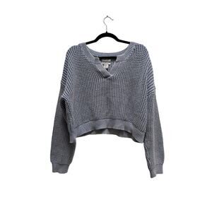 Haute Hippie Knit Split Neck Cropped Sweater Womens XL Blue Cotton Cozy Winter